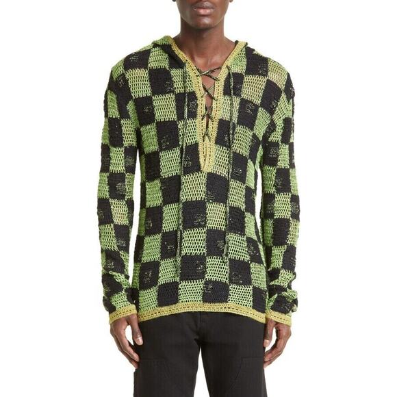 Judy Turner NWOT Green Atlas Checkerboard Silk Blend Crochet Sweatshirt Hoodie M - Picture 1 of 9